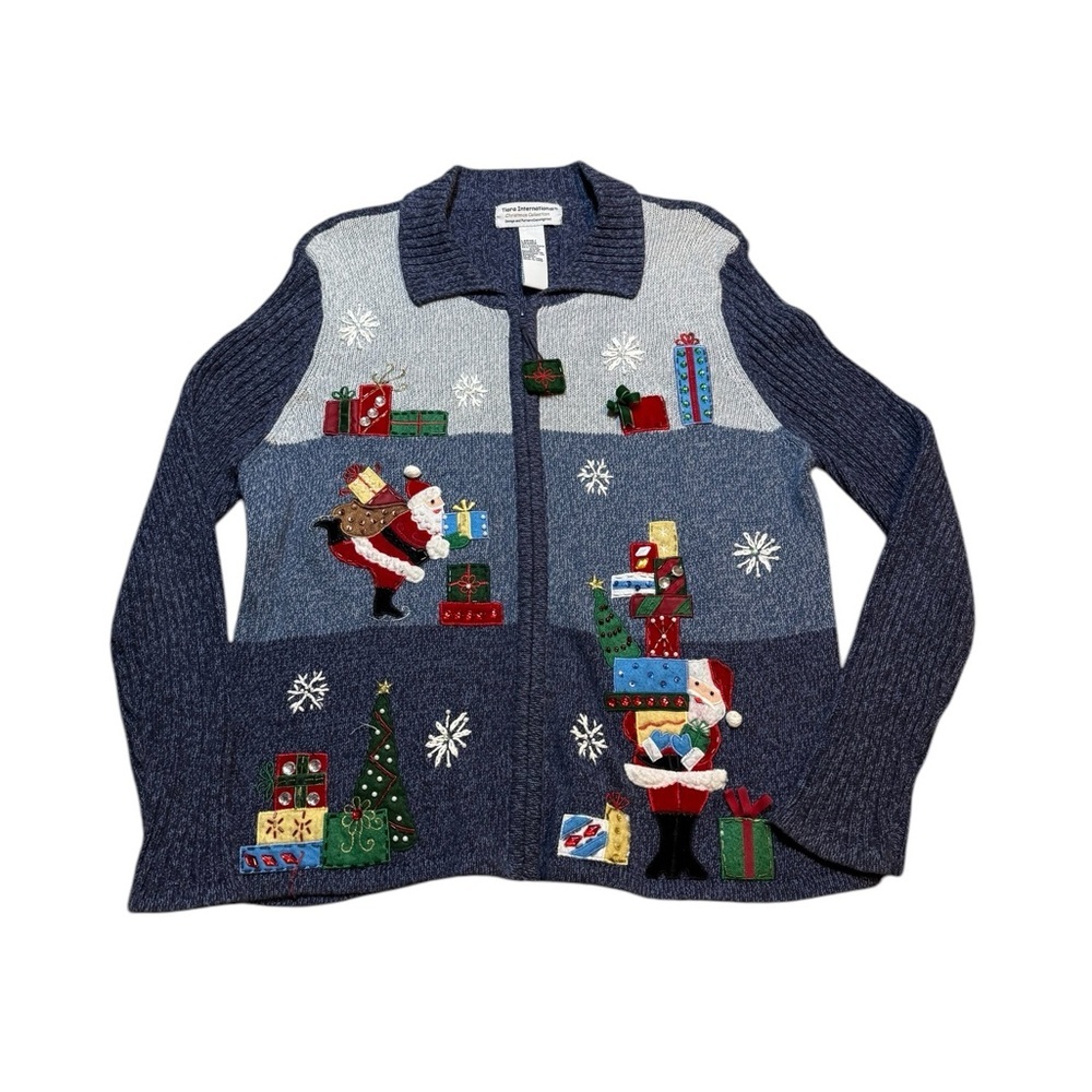 🎄 Tiara International Santa Claus Zip-Up Sequin Cardigan Size L ✨🎅